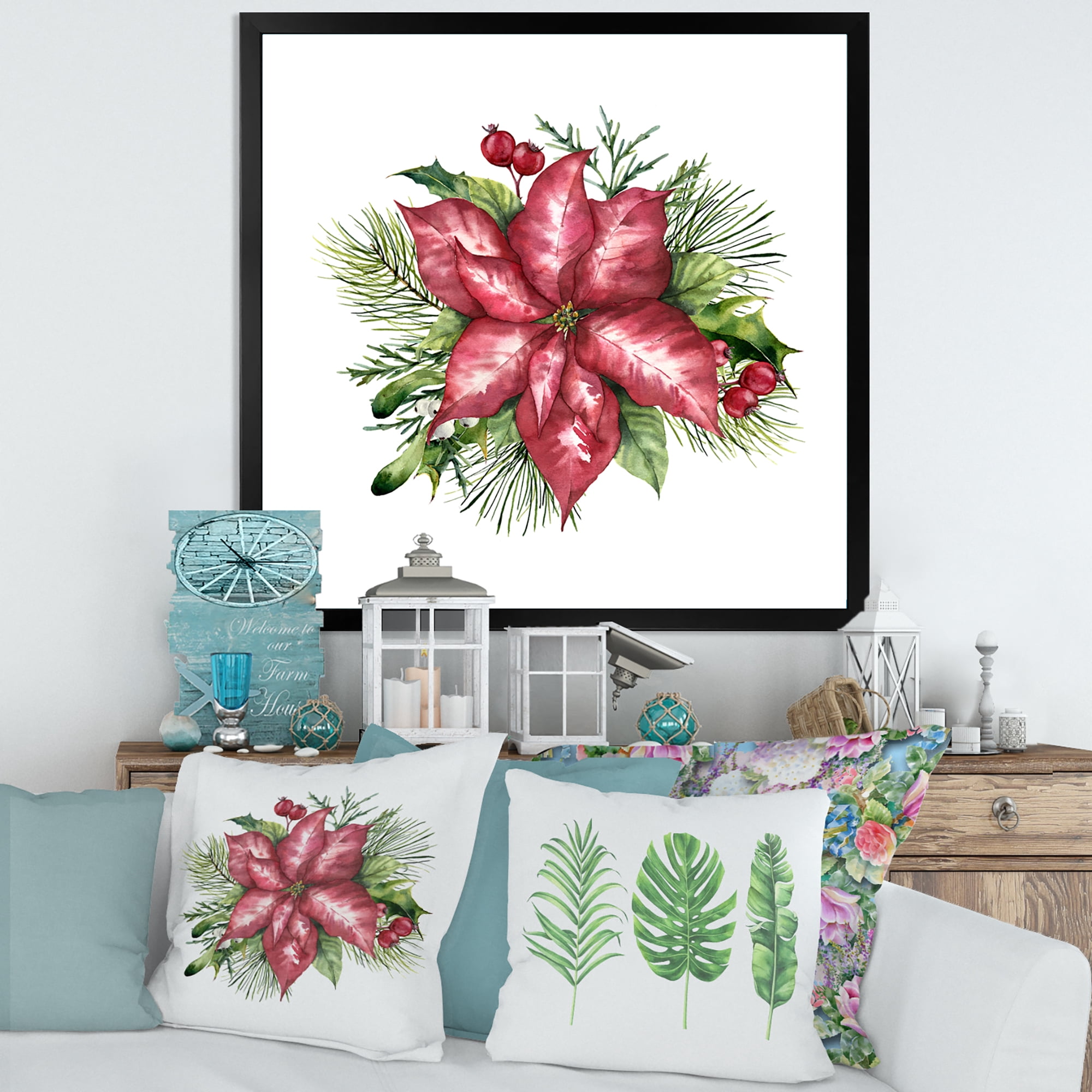 Designart 'Christmas Fir Branch and Holly Mistletoe Berries III' Traditional Framed Art Print