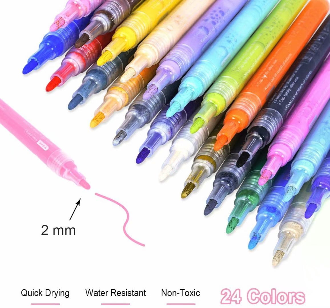 24 Colors 0.7mm Acrylic Paint Marker Pens, For Rock Painting, Paper, Plastic, Ceramic, Glass, Wood, Metal, Canvas. Water Based, Acid Free Non Toxic, Quick Dry, Fine Tip