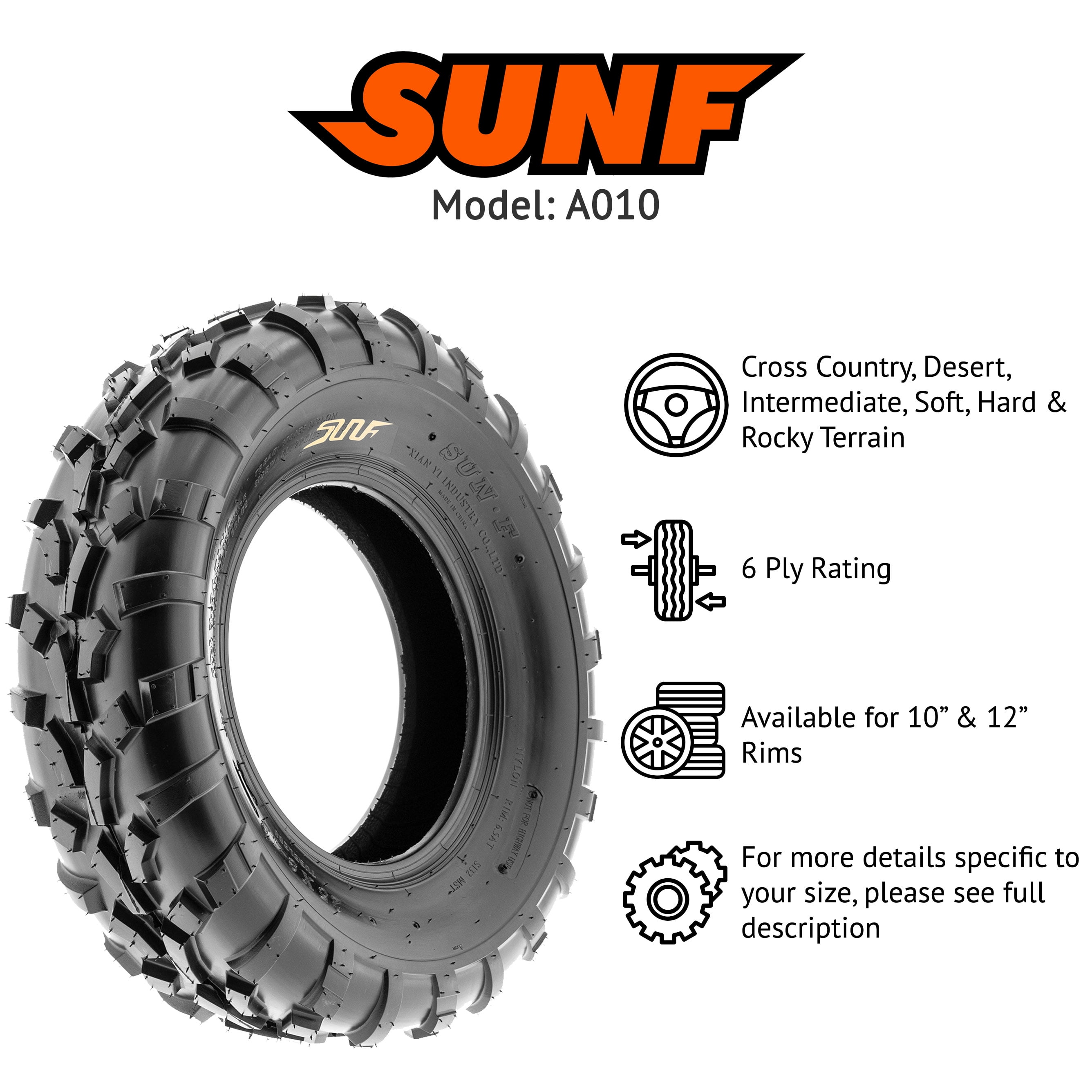 SUNROAD 2PCS Rear ATV/UTV All Trailer Tires 25X10-12 25x10x12 6Ply Rated 