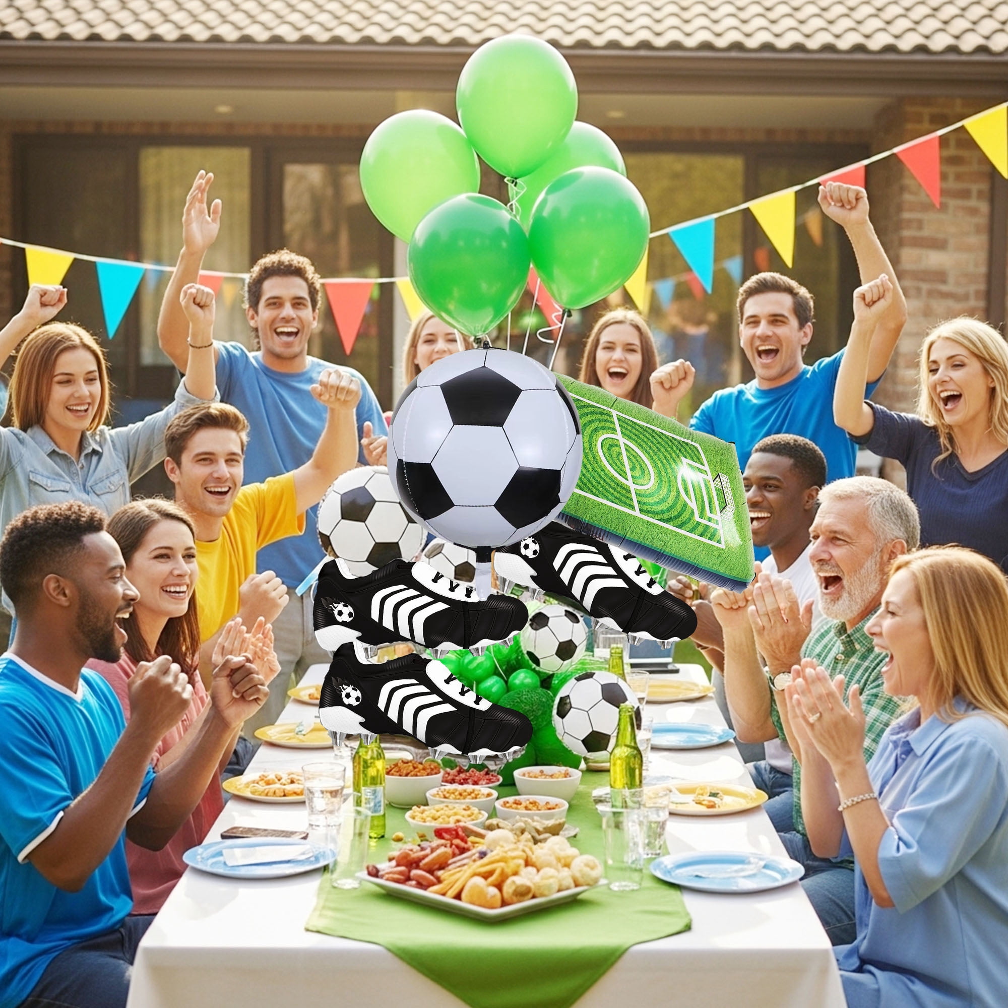 CYMYLAR Soccer Balloons Kit Football Party Decorations - Giant Soccer Ball Field Cleats Foil Balloons Green Latex for Boys Girls Birthday Sports Theme (14 Pieces)