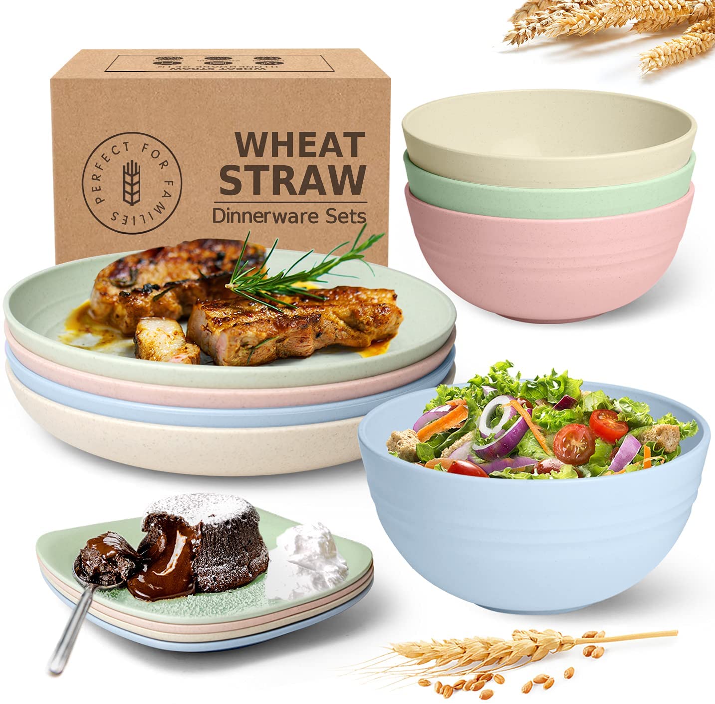 Peurif Kitchen Wheat Straw Dinnerware Sets, Dinner Plates, Square Salad