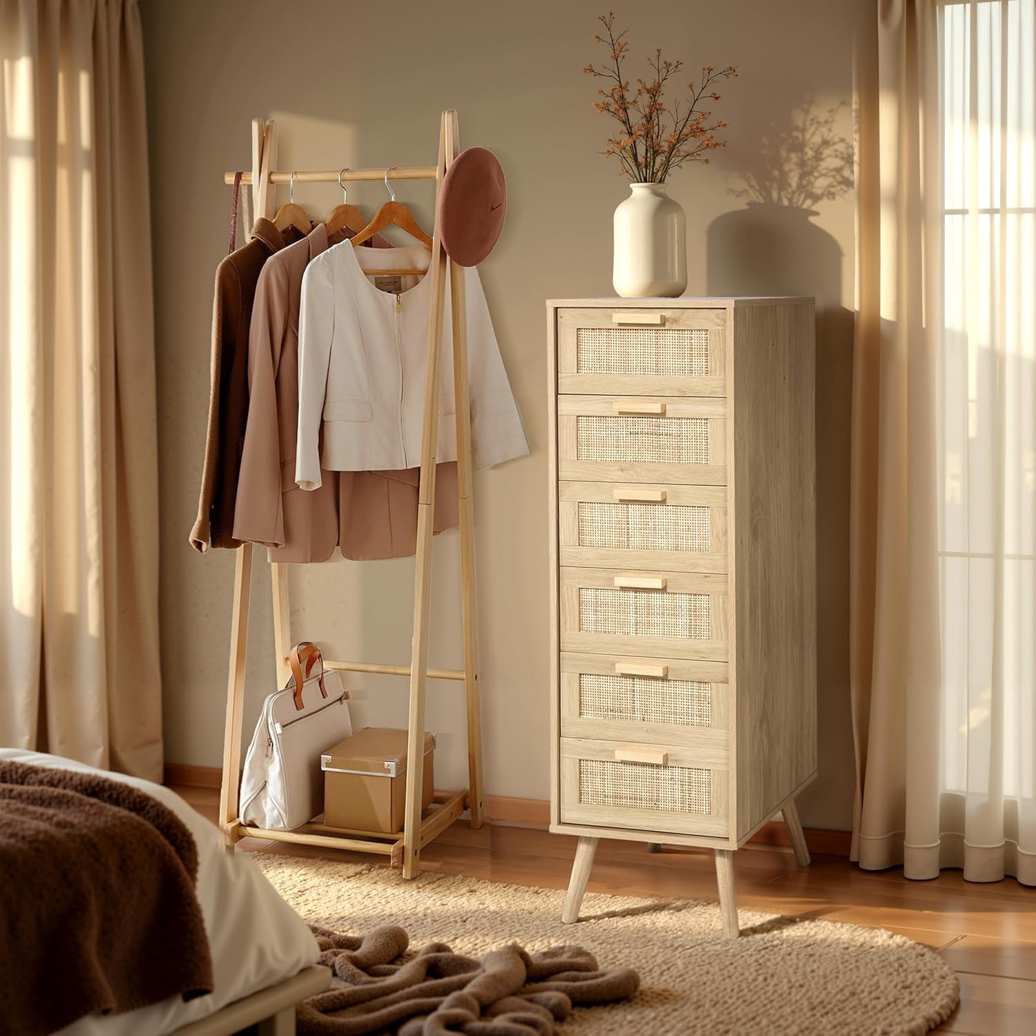 Finnhomy Rattan Tall Dresser with 6 Drawers, Natural