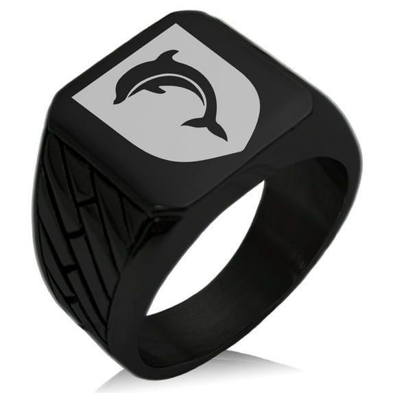 Stainless Steel Dolphin Diligence Coat of Arms Shield Geometric Pattern Biker Style Polished Ring