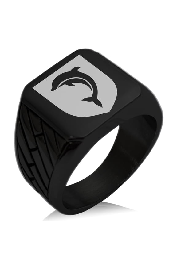Stainless Steel Dolphin Diligence Coat of Arms Shield Geometric Pattern Biker Style Polished Ring