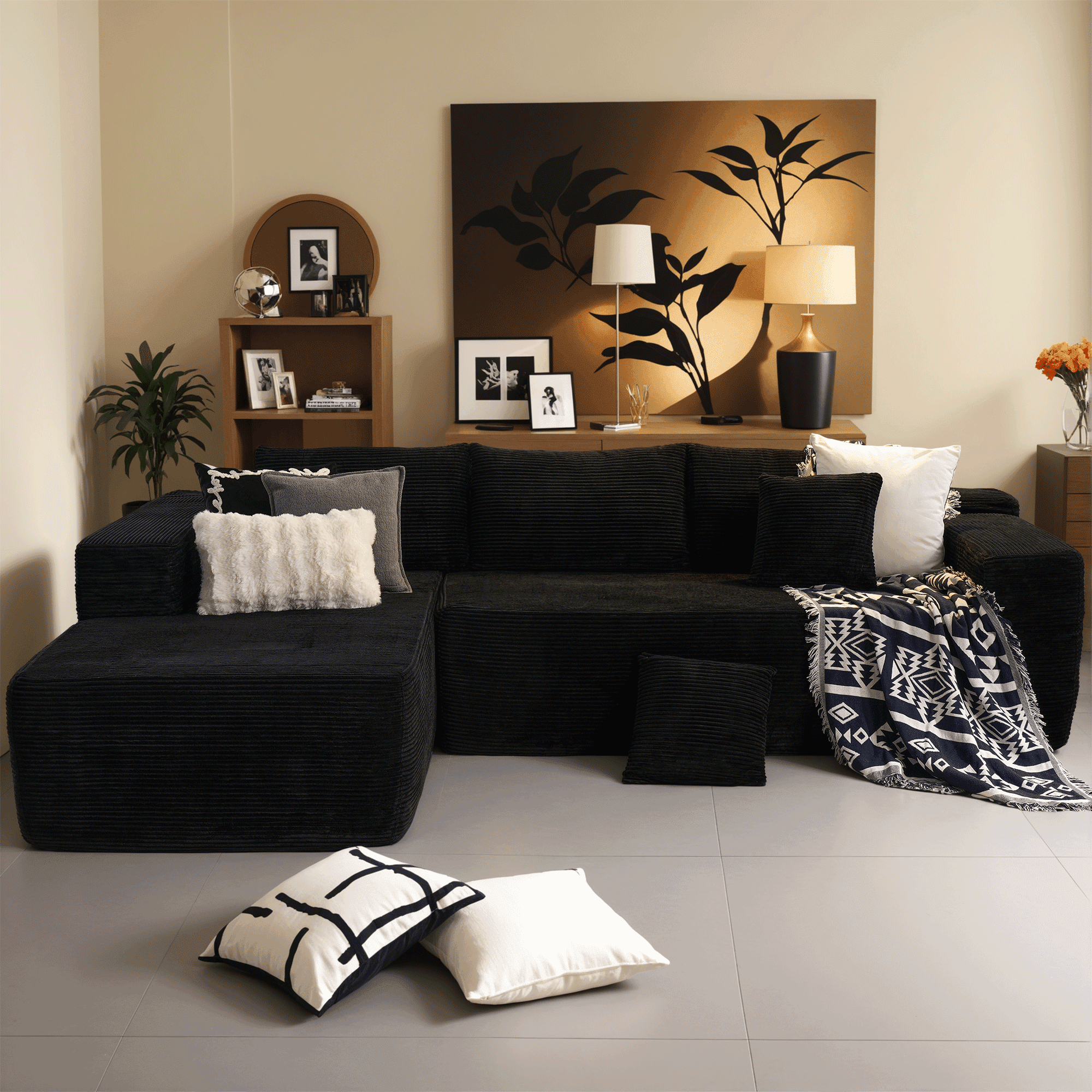 Ovios 106" Cloud Sofa Couch No Assembly Boneless Deep Seat Sofa for Living Room, Black (Corduroy)