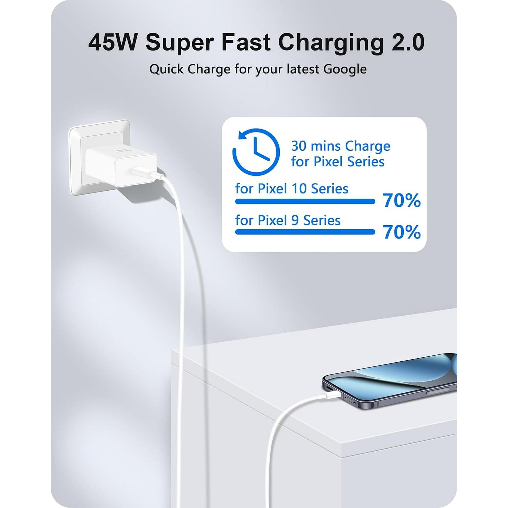 2 Pack 45W USB C Fast Charger & 10FT Cable For Google Pixel 10/9/8/7 | Super Fast Charging Block For Phones & Tablets