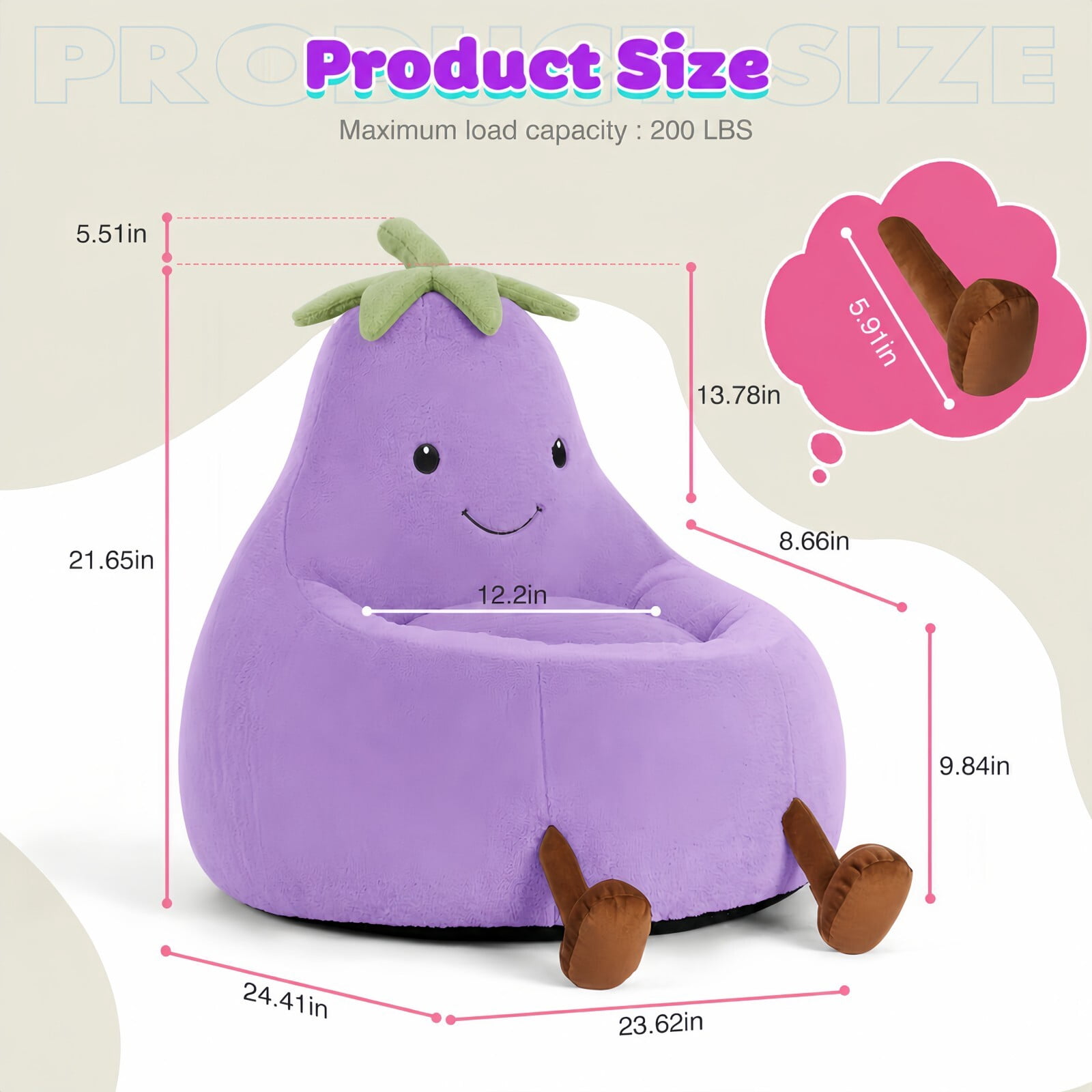 Kelno 24" Kids Bean Bag Chair Faux Rabbit Fur Lazy Chair Toddler Couch, Purple