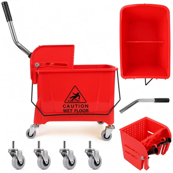 21 Quart Compact Mop Bucket with Wringer on Wheels for Cleaning, Red