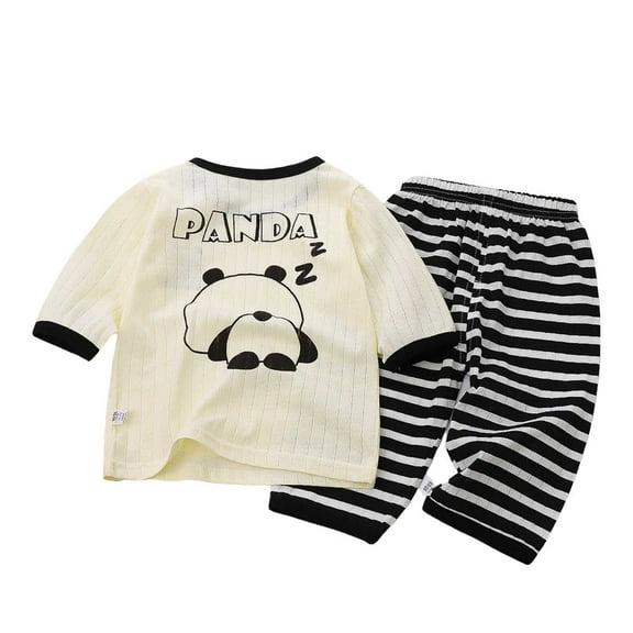 Odeerbi Toddler Boys Girls Two Piece Outfits Cotton Summer Clothes Baby Children's Winter Cute Print Short Sleeve T-shirt Striped Pants Home Clothes Suit Black