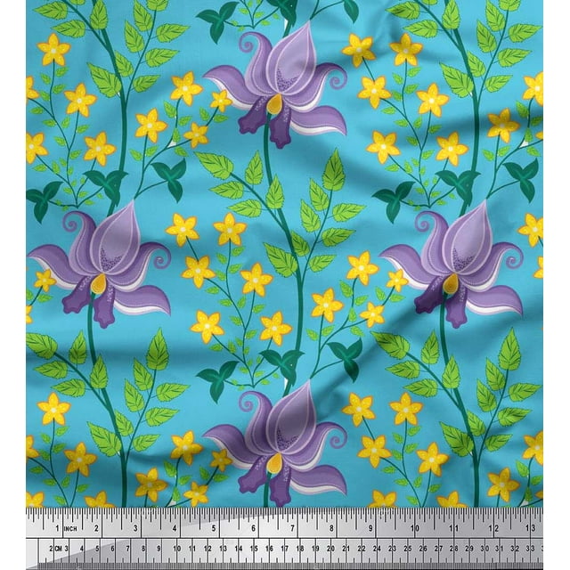 Soimoi Poly Georgette Fabric Leaves & Floral Artistic Decor Fabric Printed Yard 52 Inch Wide