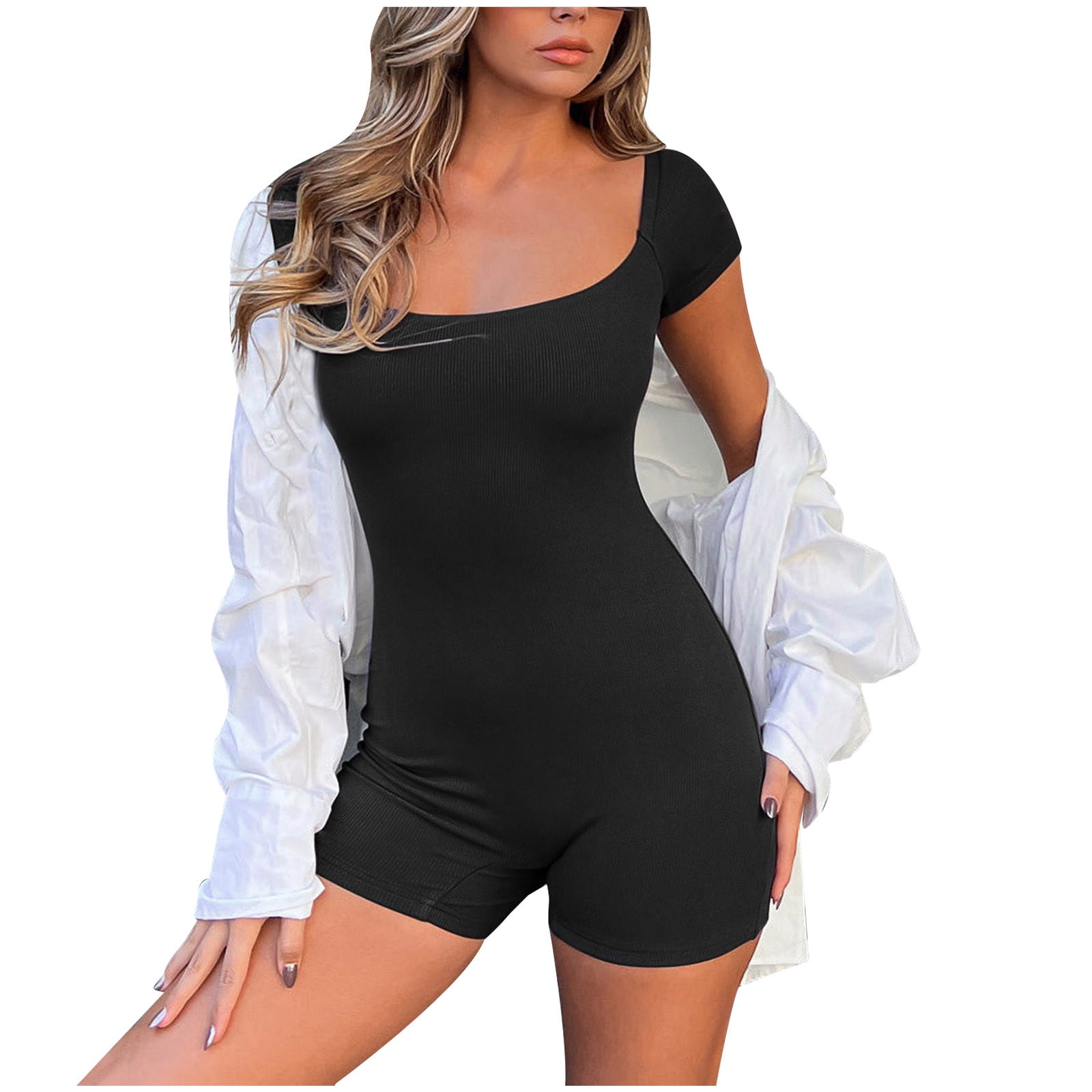 RQYYD Ribbed Knit Bodycon Short Jumpsuit Short Sleeve Scoop Neck Sport  Biker Short Rompers Summer Solid One-piece Jumpsuit(Black,M)