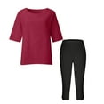 thumbnail image 4 of purcolt Women Cotton Linen 2 Piece Outfits 3/4 Sleeve Top High Waist Capri Leggings Suits Casual Loose Matching Sets, 4 of 5