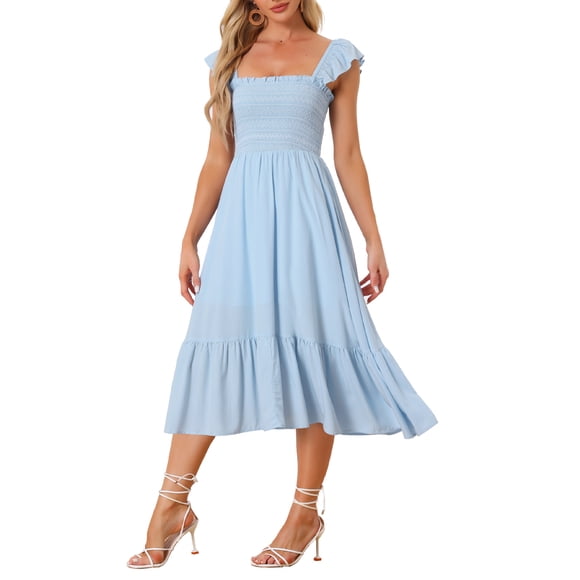 INSPIRE CHIC Women's Sundress Square Neck Ruffle Tiered Boho Midi Dress Light Blue S