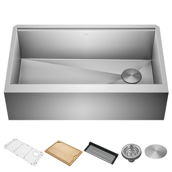 KRAUS Kore 33" Modern Farmhouse Workstation 16 Gauge Single Bowl Stainless Steel Kitchen Sink with Accessories