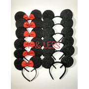 12pcs Shiny Black Mickey Minnie Ear Headband with Red Bow Mouse Ears