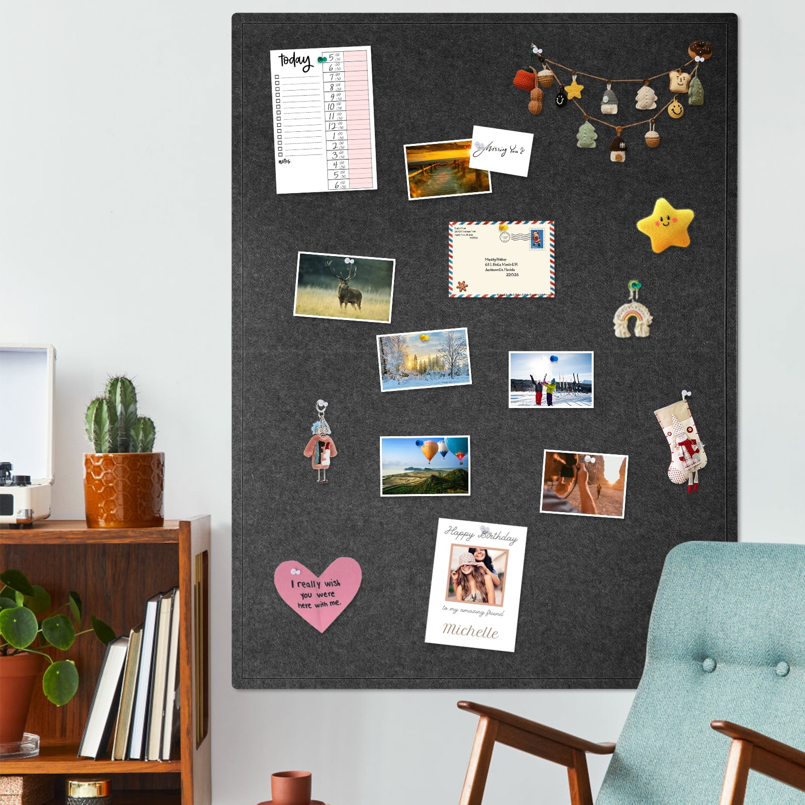60"x36" Black Large Bulletin Board Decorative Foldable Felt Pin Board Square Felt Wall Tiles Photo Display Board for Wall Cork Boards DIY Vision Board with Self-Adhesive Tape Home School Office Decor