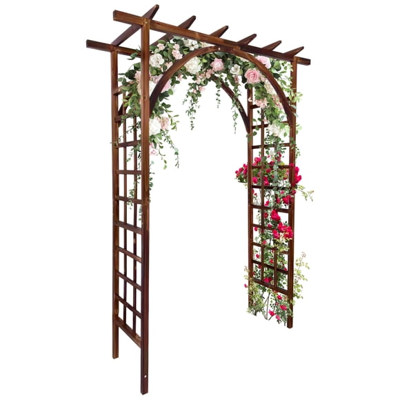 85" Wooden Garden Arbor Trellis - 7 FT Sturdy Fir Wood Pergola with Flat & Arched Top for Climbing Plants - Outdoor Lawn, Patio, Wedding Ceremony, Party - Charred Finish, Flat & Arched Top, Dark Brown