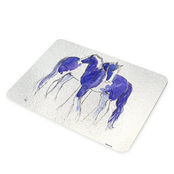 KuzmarK Glass Cheese Cutting Board 11"x7.75" - Piebald Gypsy Cobs in Purple and Blue Abstract Horse Art by Denise Every