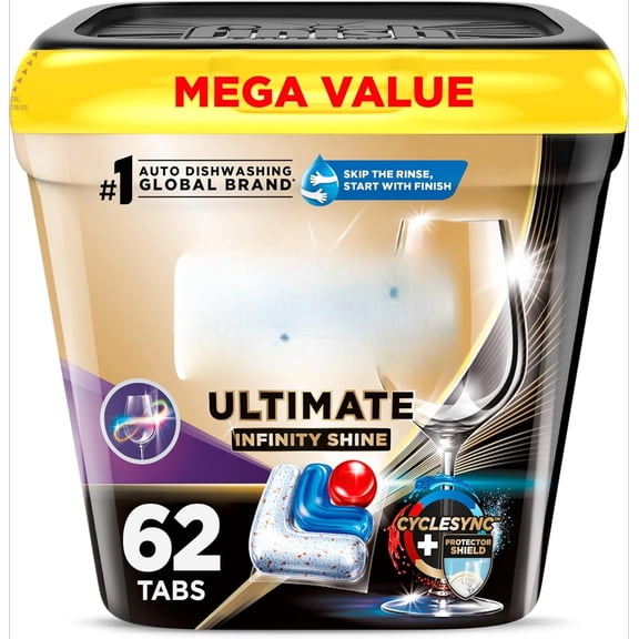 Ultimate Infinity Shine Dishwasher Pods, No Pre-Rinse Dishwasher Detergent Soap Removes Burnt-On Stain, with Protector Shield & CycleSync Technology, Degreasing & Scrubbing Power, 62 Count