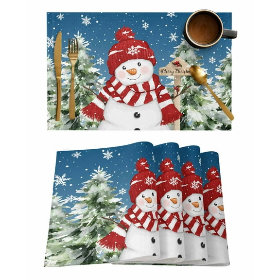 Christmas Red Snowman Placemats Set of 8 Winter Snowflakes Tree Blue Ombre Heat Insulation Washable Place Mats, Rustic Non-Slip Table Mats for Dining Table Party Kitchen Decor,13x19 Inch