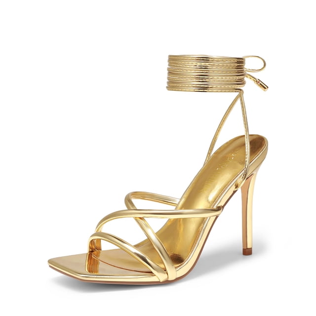 Sandalia DREAM PAIRS Tacón Cuadrado Punta Abierta con Cordones Oro 10 cm