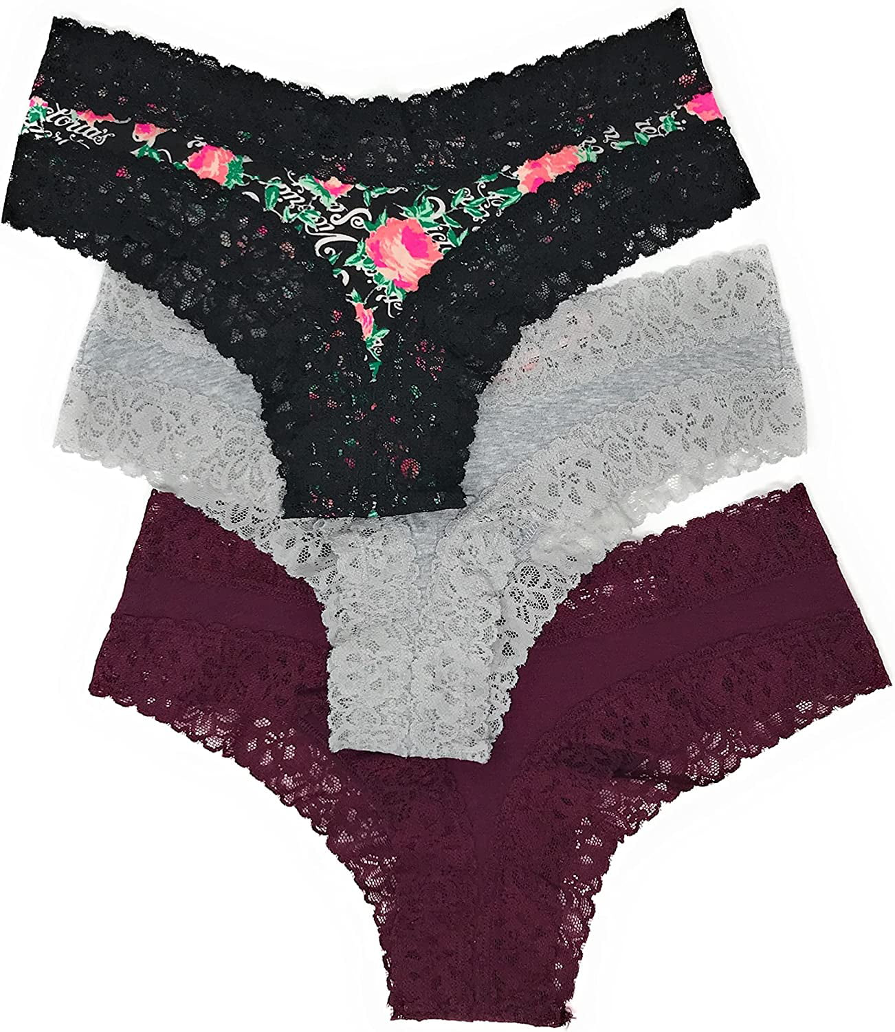 Victoria's Secret Lace Cheeky Panty Set of 3 Medium Black / Wine / Red  Hearts at  Women's Clothing store