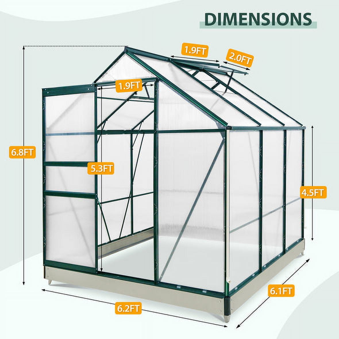 EAGLE PEAK 6x6x7 Outdoor Walk-in Hobby Greenhouse, Polycarbonate Aluminum Greenhouse with Adjustable Roof Vent and Rain Gutter, Base and Anchor, Dark Green