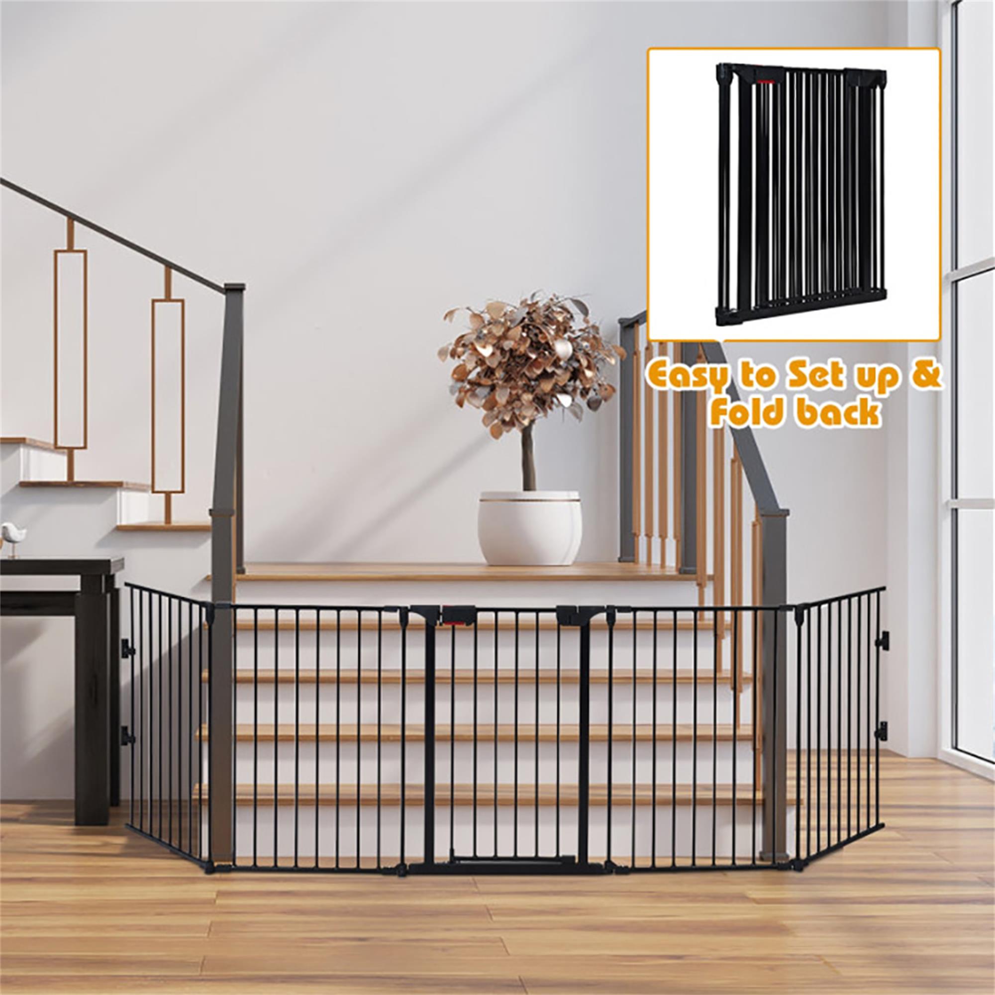 Demi Bonn 121" Wide Configurable Dog Fence, Fireplace Safety Fence, Adjustable 5-Panel Metal Play Yard for Toddler/Pet/Dog, Black