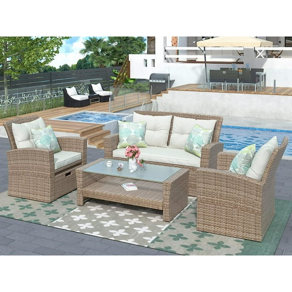 Highsound 4 Piece Patio Furniture Sets, Wicker Outdoor Conversation Set with 2 Ottomans & Coffee Table, Beige