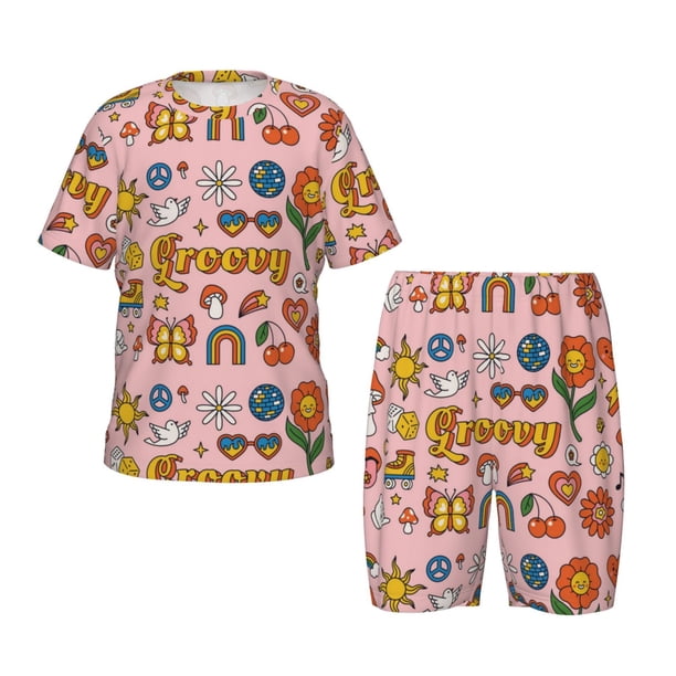 Balery Retro 70s Hippie Conjunto de Pijama Infantil de Manga Corta con Estampado – Ropa de Dormir de Algodón Suave-3X-Large