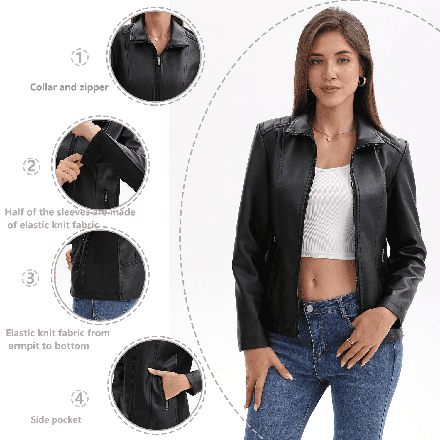 Panan Women's Faux Leather Jacket with Collar Long - Sleeve, Full - Zip Front & Side Zipper Pocket