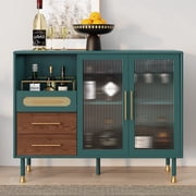HLR 47.2" Coffee Wine Bar Cabinet with 2 Glass Doors, Modern Buffet Sideboard Table for Dining Room, Green