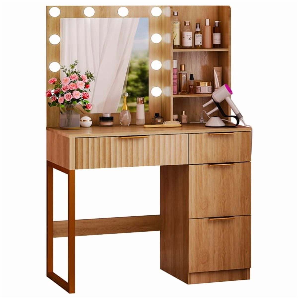 Alvantor 33.46 in Makeup Vanity Desk with Lighted Mirror, Power Strip, 4 Drawers and 2 Shelves, Oak