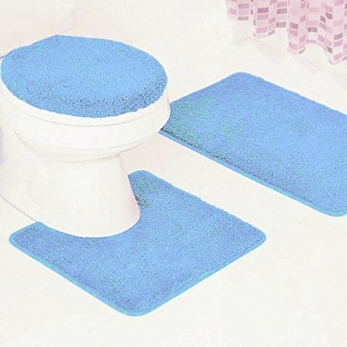L.BLUE 3P Bathroom Set Bath Mat, Contour, and Lid Cover, with Rubber