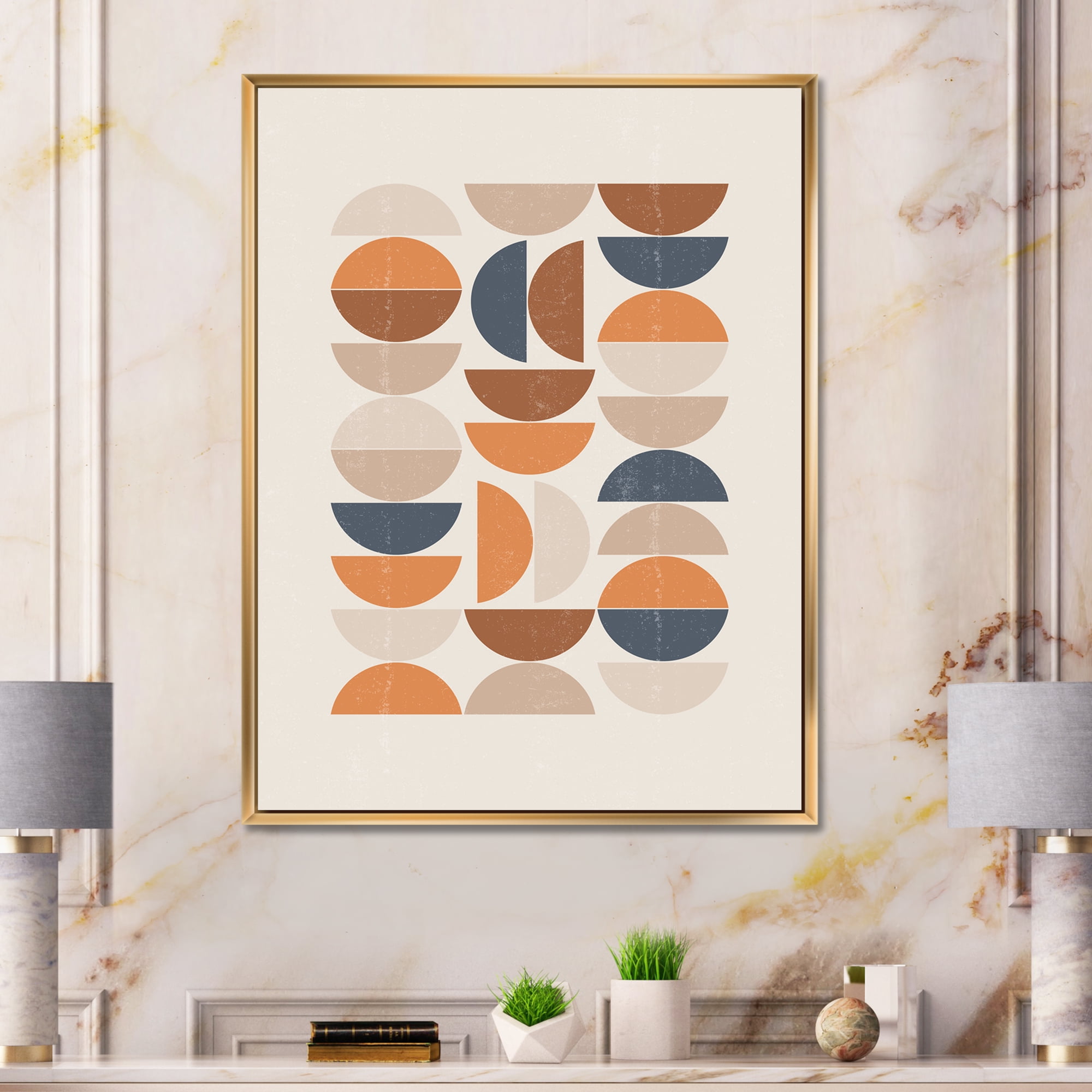 Designart 'Abstract Moon and Sun In Orange and Blue' Modern Framed Canvas Wall Art Print