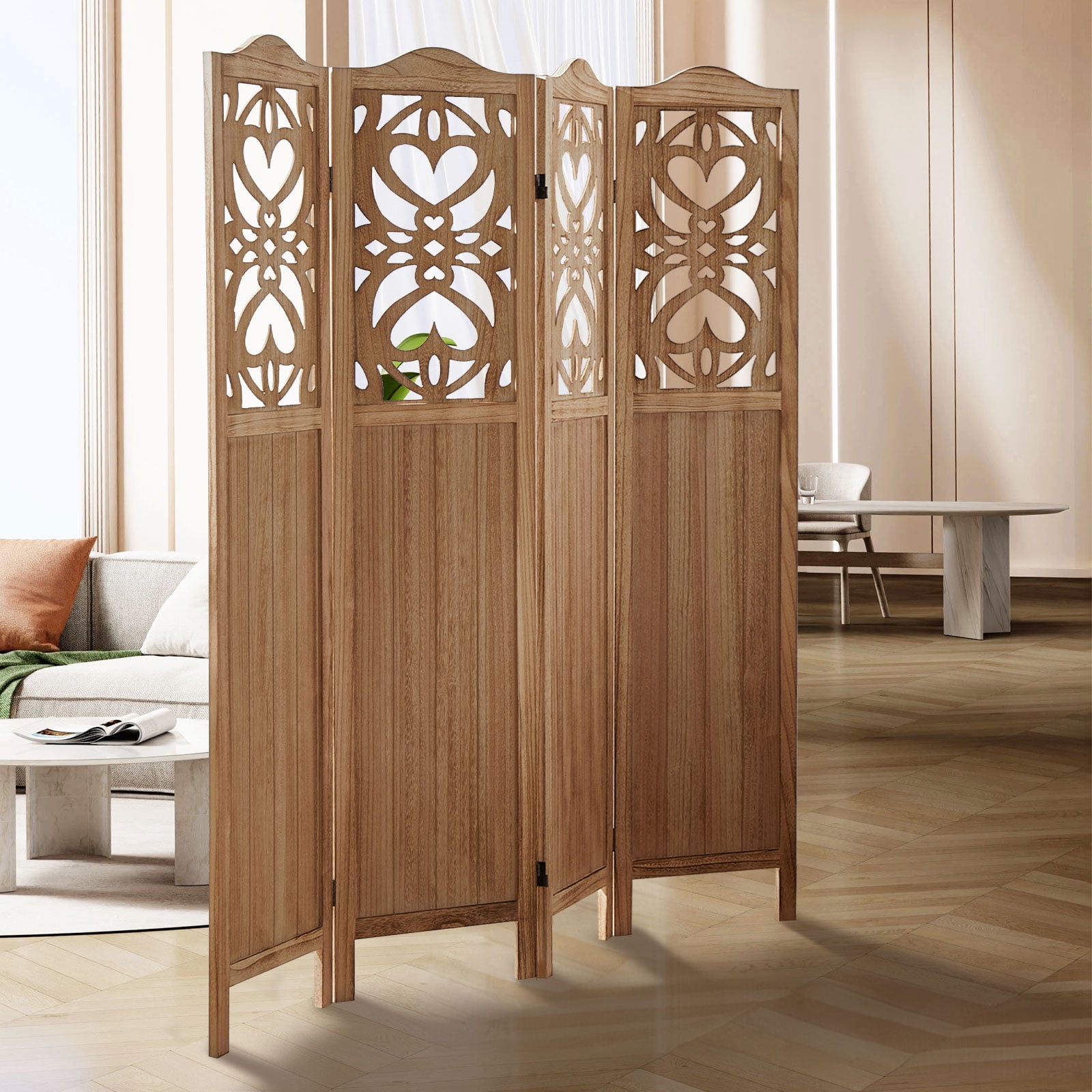 Aletheiawu 4 Panel Wood Carved Room Divider and Folding Screen, No Installation Required，Light Brown