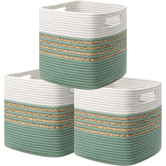 Set of 3 Storage Cubes 13 X 13 X 13 in, Water Hyacinth Storage Bins for Shelves, Toys, Book, Storage Baskets with Handles, Cotton Rope Woven Baskets for Organizing, Green