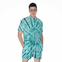 Turquoise Tie Dye Short Sleeve Men'S Rompers, Tie Dye Pattern Casual Summer Jumpsuits Outfit