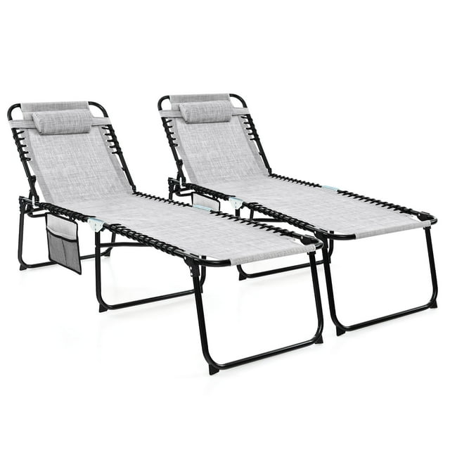 Gymax 2 PCS Folding Chaise Lounge Portable Lay Flat Reclining Chair w/ 4-Level Backrest Side Pocket Gray