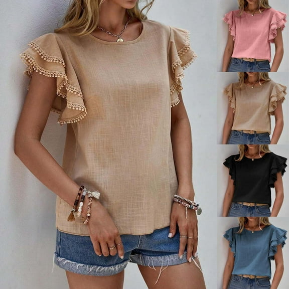 HAPIMO Women's Trendy Loose Tops Dressy Tunic Summer Tees Ruffle Sleeve Tassels Round Neck Pullover Elegant Casual Relaxed Blouses for Teen Girls Solid Color Black XL