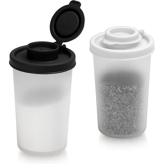 Salt and Pepper Shakers Moisture Proof Set of 2 Large Salt Shaker to go Camping Picnic Outdoors Kitchen Lunch Boxes Travel Spice Set Clear with Black,White Covers Lids Plastic Airtight Dispenser