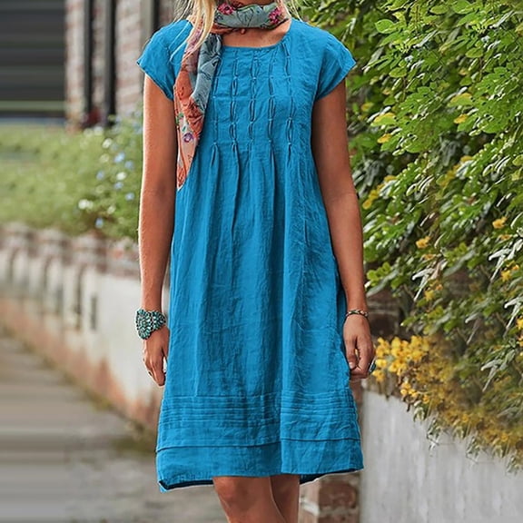 Chbgutlmr Linen Dress for Women Short Sleeve Scoop Neck Knee Length Dress Casual Summer Breathable Plain Color Dress
