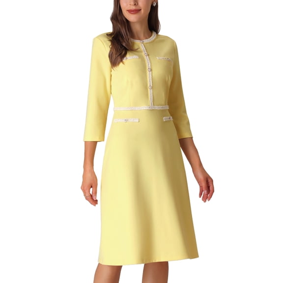 Vestido A-Line para mujer INSPIRE CHIC con ribete de tweed, mangas 3/4, vestido de oficina en amarillo, talla S