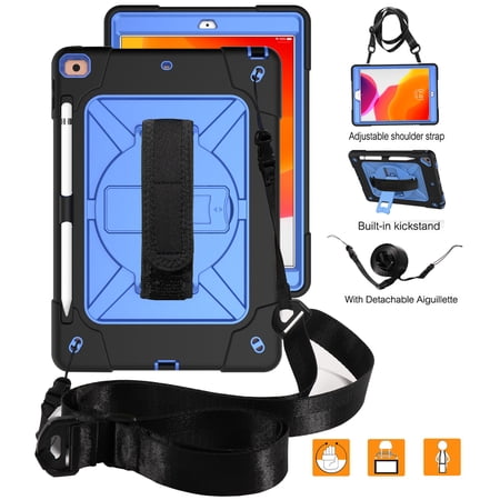 iPad 9th Generation 10.2-inch Case,Dteck Heavy Duty Rugged 3 Layer Protection Case for iPad 8th/7th Gen 10.2" Shockproof 360 Degree Rotation Kickstand with Hand/Shoulder Strap Cover,Black+Blue
