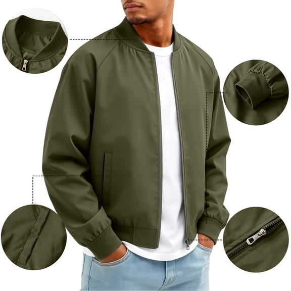 Men's Lightweight Bomber Jacket Classic Baseball Collar Raglan Sleeve Zip Up Stylish Fashion Windbreaker Coat Army Green 4XL