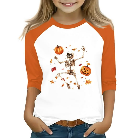 Abcomgle Girls Halloween Shirts Size 14 Spooky Dancing Skeleton Graphic Shirts for Kids Crewneck 3/4 Raglan Sleeve T-Shirts for Kid Girls Fall Funny Cute Top for Girls,4-5 Years