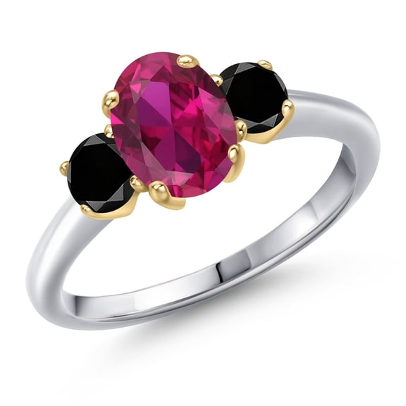 Gem Stone King 925 Silver and 10K Yellow Gold Red Created Ruby and Black Diamond Engagement Ring for Women | 1.89 Cttw | Oval 8X6MM | Gemstone July Birthstone | Size 8