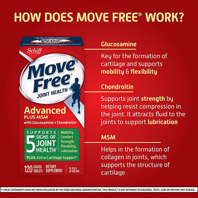 Move Free Advanced Glucosamine Chondroitin plus MSM and Hyaluronic Acid Joint Health Supplement, Tablets - 120 Count