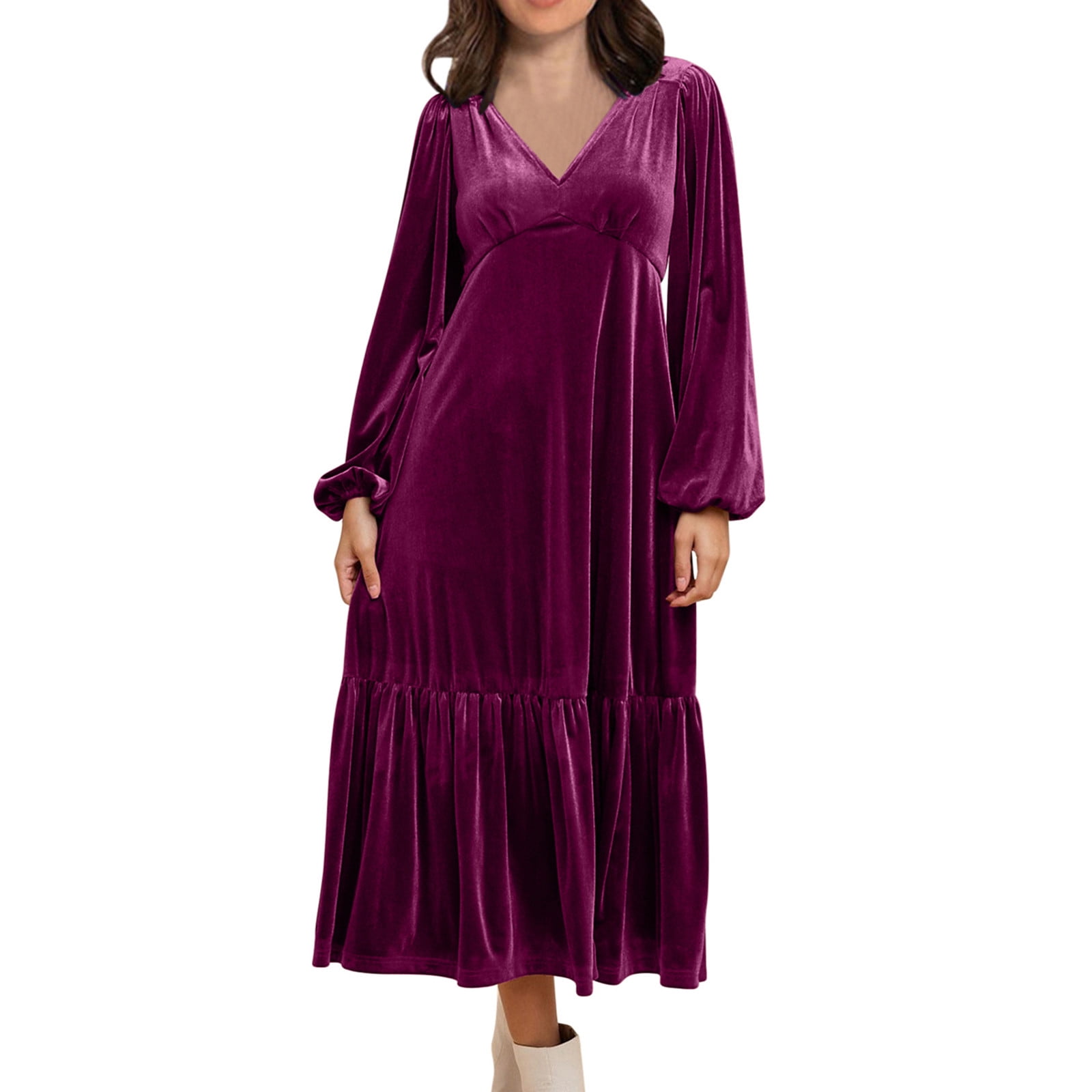 OSFVNOXV Maxi Dresses for Women Fall High Waist Lantern Sleeve Velvet Dress V-Neck Bodycon Tiered Flowy Long Cocktail Wedding Dating Dress