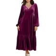 thumbnail image 2 of Blczomt Midi Dresses Women Flowy Velvet Long Sleeve Purple A Line Plus Size V Neck Soft Dresses, 2 of 8